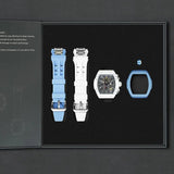 The image shows the TSAR BOMBA Atomic TB8214 interchangeable set. The set includes a sky black and white fluororubber strap, a carbon fiber white bezel and sky blue fluororubber bezel, and a white and sky blue crown. TSAR BOMBA's patented interchangeable module allows for quick and easy replacement of watch modules without tools, enabling interchangeable straps, crowns, and bezels. Instead of buying multiple watches, why not own one watch that can be styled in various ways?