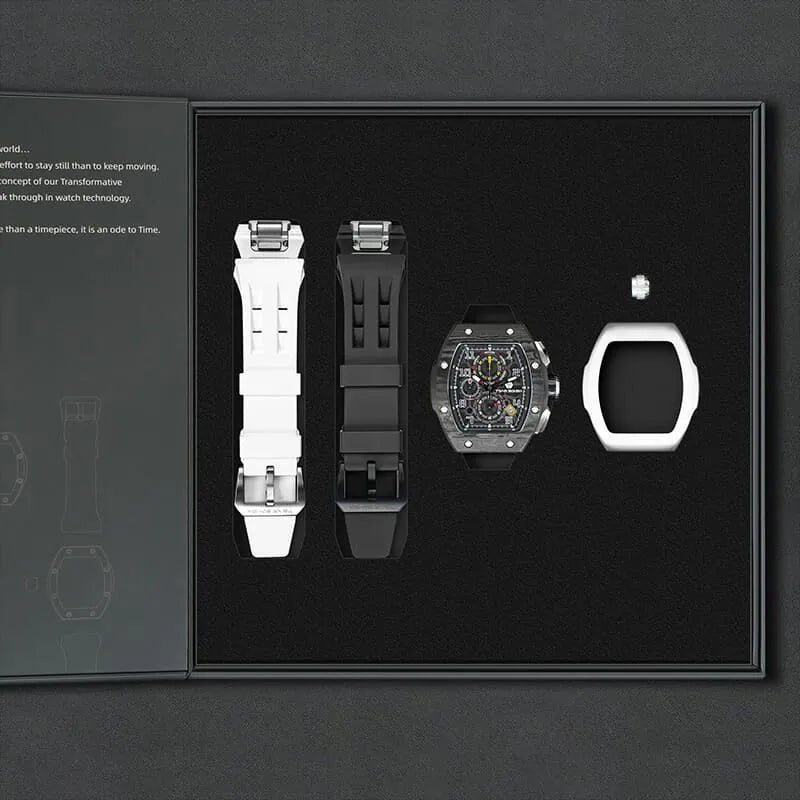 The image shows the TSAR BOMBA Atomic TB8214 interchangeable set. The set includes a sky black and white fluororubber strap, a carbon fiber black bezel and white fluororubber bezel, and a white and black crown. TSAR BOMBA's patented interchangeable module allows for quick and easy replacement of watch modules without tools, enabling interchangeable straps, crowns, and bezels. Instead of buying multiple watches, why not own one watch that can be styled in various ways?