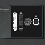 The image shows the TSAR BOMBA Atomic TB8214 interchangeable set. The set includes a sky black and white fluororubber strap, a carbon fiber black bezel and white fluororubber bezel, and a white and black crown. TSAR BOMBA's patented interchangeable module allows for quick and easy replacement of watch modules without tools, enabling interchangeable straps, crowns, and bezels. Instead of buying multiple watches, why not own one watch that can be styled in various ways?