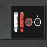 The image shows the TSAR BOMBA Atomic TB8214 interchangeable set. The set includes a white and red fluororubber strap, a white and red fluororubber bezel, and a red and white crown. TSAR BOMBA's patented interchangeable module allows for quick and easy replacement of watch modules without tools, enabling interchangeable straps, crowns, and bezels. Instead of buying multiple watches, why not own one watch that can be styled in various ways?
