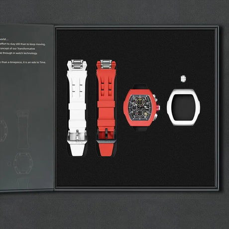 The image shows the TSAR BOMBA Atomic TB8214 interchangeable set. The set includes a white and red fluororubber strap, a white and red fluororubber bezel, and a red and white crown. TSAR BOMBA's patented interchangeable module allows for quick and easy replacement of watch modules without tools, enabling interchangeable straps, crowns, and bezels. Instead of buying multiple watches, why not own one watch that can be styled in various ways?