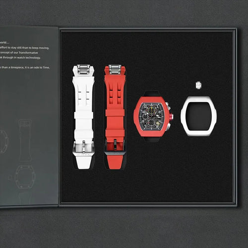 The image shows the TSAR BOMBA Atomic TB8214 interchangeable set. The set includes a white and red fluororubber strap, a white and red fluororubber bezel, and a red and white crown. TSAR BOMBA's patented interchangeable module allows for quick and easy replacement of watch modules without tools, enabling interchangeable straps, crowns, and bezels. Instead of buying multiple watches, why not own one watch that can be styled in various ways?