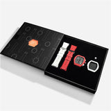 The image shows the TSAR BOMBA Atomic TB8214 interchangeable set. The set includes a white and red fluororubber strap, a white and red fluororubber bezel, and a red and white crown. TSAR BOMBA's patented interchangeable module allows for quick and easy replacement of watch modules without tools, enabling interchangeable straps, crowns, and bezels. Instead of buying multiple watches, why not own one watch that can be styled in various ways?--Set display and packaging box