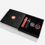 The image shows the TSAR BOMBA Atomic TB8214 interchangeable set. The set includes a black and red fluororubber strap, a black and red fluororubber bezel, and a red and black crown. TSAR BOMBA's patented interchangeable module allows for quick and easy replacement of watch modules without tools, enabling interchangeable straps, crowns, and bezels. Instead of buying multiple watches, why not own one watch that can be styled in various ways?--Set display and packaging box