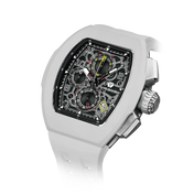 The TSAR BOMBA Atomic TB8214 interchangebale tonneau quartz watch. fluororubber
-white-bezel-and-white-interchangeable strap.  The Multifunction dial design, the multifunction dial features a chronograph minute sub-dial at the 12 o'clock position, a date display between the 4 and 5 o'clock positions, a seconds sub-dial at the 6 o'clock position, and an hour chronograph sub-dial at the 9 o'clock position. --Left three-quarter-angled-view