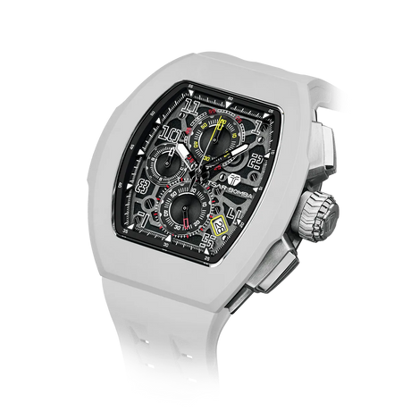 The TSAR BOMBA Atomic TB8214 interchangebale tonneau quartz watch. fluororubber
-white-bezel-and-white-interchangeable strap.  The Multifunction dial design, the multifunction dial features a chronograph minute sub-dial at the 12 o'clock position, a date display between the 4 and 5 o'clock positions, a seconds sub-dial at the 6 o'clock position, and an hour chronograph sub-dial at the 9 o'clock position. --Left three-quarter-angled-view