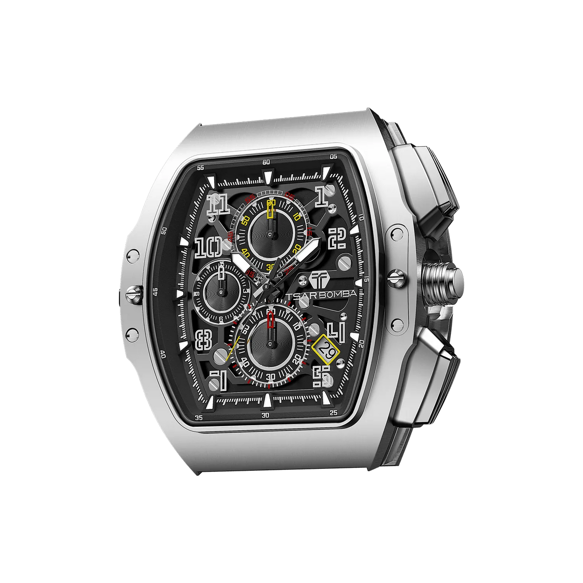 The Multifunction dial design, the multifunction dial features a chronograph minute sub-dial at the 12 o'clock position, a date display between the 4 and 5 o'clock positions, a seconds sub-dial at the 6 o'clock position, and an hour chronograph sub-dial at the 9 o'clock position.