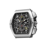 The Multifunction dial design, the multifunction dial features a chronograph minute sub-dial at the 12 o'clock position, a date display between the 4 and 5 o'clock positions, a seconds sub-dial at the 6 o'clock position, and an hour chronograph sub-dial at the 9 o'clock position.