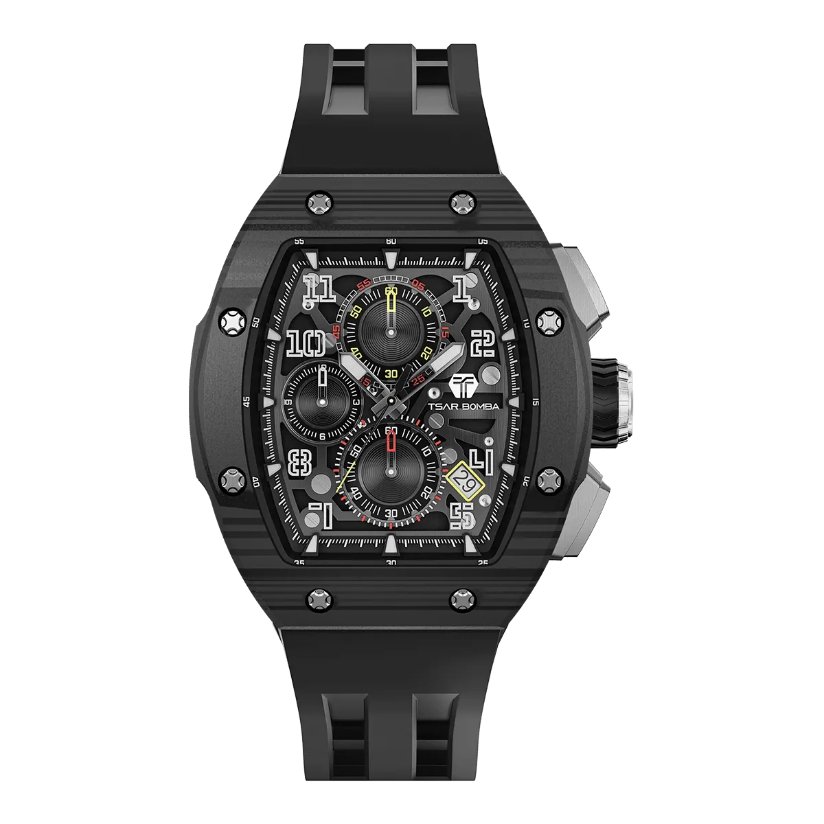 The TSAR BOMBA Atommic TB8214CF carbon fiber tonneau quartz watch. carbon fiber balck bezel and fluororubber interchangeable black strap.  The Multifunction dial design, the multifunction dial features a chronograph minute sub-dial at the 12 o'clock position, a date display between the 4 and 5 o'clock positions, a seconds sub-dial at the 6 o'clock position, and an hour chronograph sub-dial at the 9 o'clock position. --Front-view

