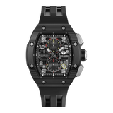 The TSAR BOMBA Atommic TB8214CF carbon fiber tonneau quartz watch. carbon fiber balck bezel and fluororubber interchangeable black strap.  The Multifunction dial design, the multifunction dial features a chronograph minute sub-dial at the 12 o'clock position, a date display between the 4 and 5 o'clock positions, a seconds sub-dial at the 6 o'clock position, and an hour chronograph sub-dial at the 9 o'clock position. --Front-view
