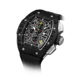 The TSAR BOMBA Atomic TB8214CF carbon fiber tonneau quartz watch. carbon fiber balck bezel and fluororubber interchangeable black strap.  The Multifunction dial design, the multifunction dial features a chronograph minute sub-dial at the 12 o'clock position, a date display between the 4 and 5 o'clock positions, a seconds sub-dial at the 6 o'clock position, and an hour chronograph sub-dial at the 9 o'clock position. --Left three-quarter-angled-view