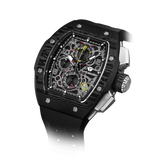 The TSAR BOMBA Atommic TB8214CF carbon fiber tonneau quartz watch. carbon fiber balck bezel and fluororubber interchangeable black strap.  The Multifunction dial design, the multifunction dial features a chronograph minute sub-dial at the 12 o'clock position, a date display between the 4 and 5 o'clock positions, a seconds sub-dial at the 6 o'clock position, and an hour chronograph sub-dial at the 9 o'clock position. --Left three-quarter-angled-view