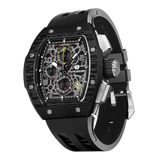 The TSAR BOMBA Atommic TB8214CF carbon fiber tonneau quartz watch. carbon fiber balck bezel and fluororubber interchangeable black strap.  The Multifunction dial design, the multifunction dial features a chronograph minute sub-dial at the 12 o'clock position, a date display between the 4 and 5 o'clock positions, a seconds sub-dial at the 6 o'clock position, and an hour chronograph sub-dial at the 9 o'clock position. --Left three-quarter-view