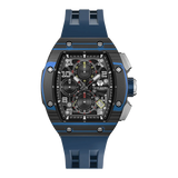 The TSAR BOMBA Atommic TB8214CF carbon fiber tonneau quartz watch. carbon fiber blue bezel and fluororubber interchangeable blue strap.  The Multifunction dial design, the multifunction dial features a chronograph minute sub-dial at the 12 o'clock position, a date display between the 4 and 5 o'clock positions, a seconds sub-dial at the 6 o'clock position, and an hour chronograph sub-dial at the 9 o'clock position. --Front-view
