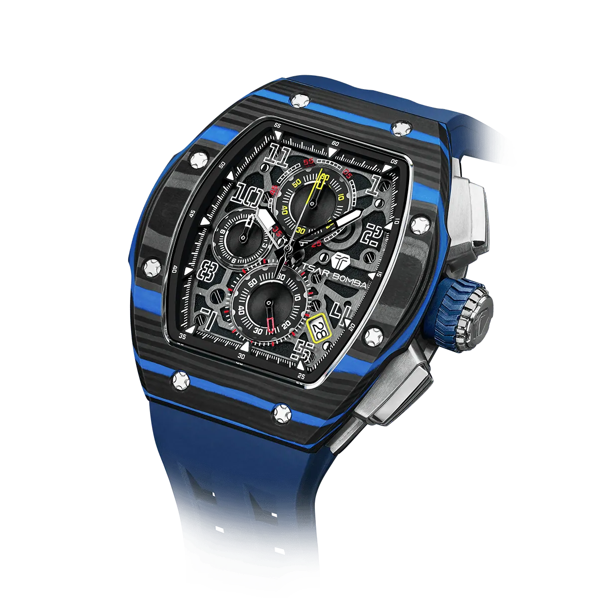The TSAR BOMBA Atommic TB8214CF carbon fiber tonneau quartz watch. carbon fiber blue bezel and fluororubber interchangeable blue strap.  The Multifunction dial design, the multifunction dial features a chronograph minute sub-dial at the 12 o'clock position, a date display between the 4 and 5 o'clock positions, a seconds sub-dial at the 6 o'clock position, and an hour chronograph sub-dial at the 9 o'clock position. --Left three-quarter-angled-view