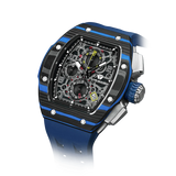 The TSAR BOMBA Atommic TB8214CF carbon fiber tonneau quartz watch. carbon fiber blue bezel and fluororubber interchangeable blue strap.  The Multifunction dial design, the multifunction dial features a chronograph minute sub-dial at the 12 o'clock position, a date display between the 4 and 5 o'clock positions, a seconds sub-dial at the 6 o'clock position, and an hour chronograph sub-dial at the 9 o'clock position. --Left three-quarter-angled-view