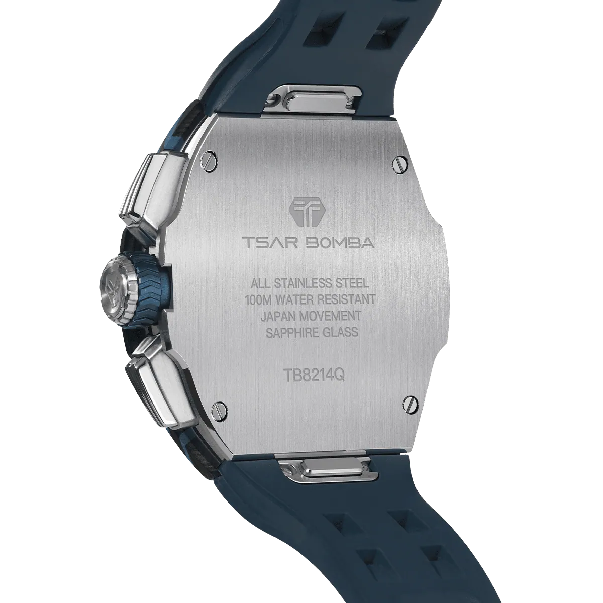 The TSAR BOMBA Atommic TB8214CF carbon fiber tonneau quartz watch. carbon fiber blue bezel and fluororubber interchangeable blue strap.  The Multifunction dial design, the multifunction dial features a chronograph minute sub-dial at the 12 o'clock position, a date display between the 4 and 5 o'clock positions, a seconds sub-dial at the 6 o'clock position, and an hour chronograph sub-dial at the 9 o'clock position. --Rear-view