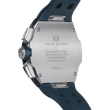 The TSAR BOMBA Atommic TB8214CF carbon fiber tonneau quartz watch. carbon fiber blue bezel and fluororubber interchangeable blue strap.  The Multifunction dial design, the multifunction dial features a chronograph minute sub-dial at the 12 o'clock position, a date display between the 4 and 5 o'clock positions, a seconds sub-dial at the 6 o'clock position, and an hour chronograph sub-dial at the 9 o'clock position. --Rear-view