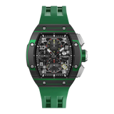 The TSAR BOMBA Atommic TB8214CF carbon fiber tonneau quartz watch. carbon fiber green bezel and fluororubber interchangeable green strap.  The Multifunction dial design, the multifunction dial features a chronograph minute sub-dial at the 12 o'clock position, a date display between the 4 and 5 o'clock positions, a seconds sub-dial at the 6 o'clock position, and an hour chronograph sub-dial at the 9 o'clock position. --
Front-view
