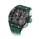 The TSAR BOMBA Atommic TB8214CF carbon fiber tonneau quartz watch. carbon fiber green bezel and fluororubber interchangeable green strap.  The Multifunction dial design, the multifunction dial features a chronograph minute sub-dial at the 12 o'clock position, a date display between the 4 and 5 o'clock positions, a seconds sub-dial at the 6 o'clock position, and an hour chronograph sub-dial at the 9 o'clock position. --
Left three-quarter-angled-view
