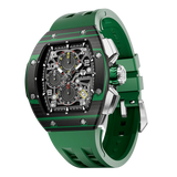The TSAR BOMBA Atommic TB8214CF carbon fiber tonneau quartz watch. carbon fiber green bezel and fluororubber interchangeable green strap.  The Multifunction dial design, the multifunction dial features a chronograph minute sub-dial at the 12 o'clock position, a date display between the 4 and 5 o'clock positions, a seconds sub-dial at the 6 o'clock position, and an hour chronograph sub-dial at the 9 o'clock position. --
Left three-quarter-view