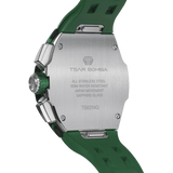 The TSAR BOMBA Atommic TB8214CF carbon fiber tonneau quartz watch. carbon fiber green bezel and fluororubber interchangeable green strap.  The Multifunction dial design, the multifunction dial features a chronograph minute sub-dial at the 12 o'clock position, a date display between the 4 and 5 o'clock positions, a seconds sub-dial at the 6 o'clock position, and an hour chronograph sub-dial at the 9 o'clock position. --
Rear-view