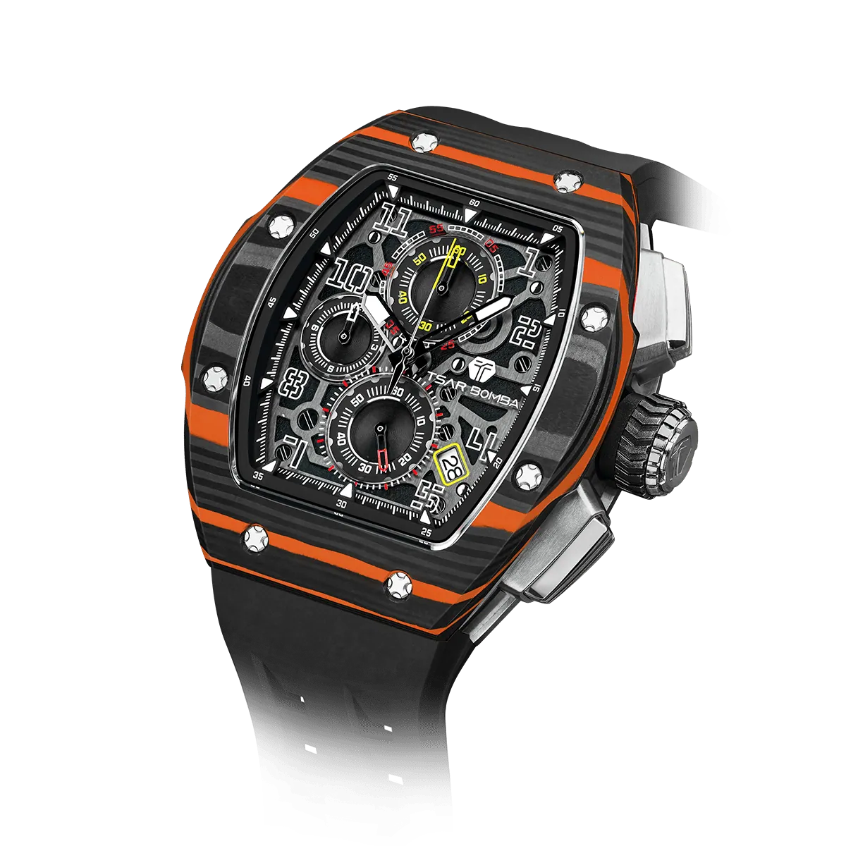 The TSAR BOMBA Atommic TB8214CF carbon fiber tonneau quartz watch. carbon fiber orange bezel and fluororubber interchangeable orange strap.  The Multifunction dial design, the multifunction dial features a chronograph minute sub-dial at the 12 o'clock position, a date display between the 4 and 5 o'clock positions, a seconds sub-dial at the 6 o'clock position, and an hour chronograph sub-dial at the 9 o'clock position. --
Left three-quarter-angled-view
