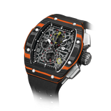 The TSAR BOMBA Atommic TB8214CF carbon fiber tonneau quartz watch. carbon fiber orange bezel and fluororubber interchangeable orange strap.  The Multifunction dial design, the multifunction dial features a chronograph minute sub-dial at the 12 o'clock position, a date display between the 4 and 5 o'clock positions, a seconds sub-dial at the 6 o'clock position, and an hour chronograph sub-dial at the 9 o'clock position. --
Left three-quarter-angled-view
