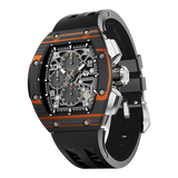 The TSAR BOMBA Atommic TB8214CF carbon fiber tonneau quartz watch. carbon fiber orange bezel and fluororubber interchangeable orange strap.  The Multifunction dial design, the multifunction dial features a chronograph minute sub-dial at the 12 o'clock position, a date display between the 4 and 5 o'clock positions, a seconds sub-dial at the 6 o'clock position, and an hour chronograph sub-dial at the 9 o'clock position. --
Left three-quarter-view