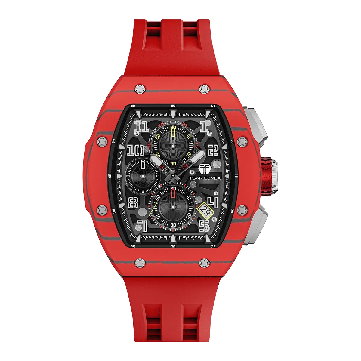 The TSAR BOMBA Atommic TB8214CF carbon fiber tonneau quartz watch. carbon fiber red bezel and fluororubber interchangeable red strap.  The Multifunction dial design, the multifunction dial features a chronograph minute sub-dial at the 12 o'clock position, a date display between the 4 and 5 o'clock positions, a seconds sub-dial at the 6 o'clock position, and an hour chronograph sub-dial at the 9 o'clock position. --Front-view
