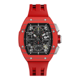 The TSAR BOMBA Atommic TB8214CF carbon fiber tonneau quartz watch. carbon fiber red bezel and fluororubber interchangeable red strap.  The Multifunction dial design, the multifunction dial features a chronograph minute sub-dial at the 12 o'clock position, a date display between the 4 and 5 o'clock positions, a seconds sub-dial at the 6 o'clock position, and an hour chronograph sub-dial at the 9 o'clock position. --Front-view