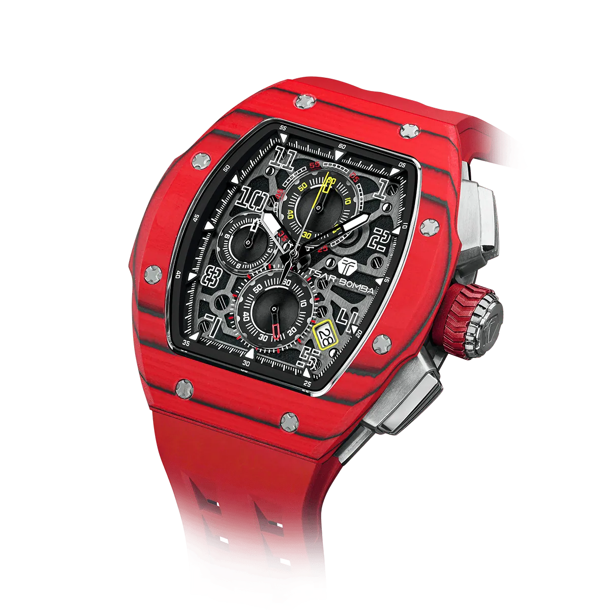 The TSAR BOMBA Atommic TB8214CF carbon fiber tonneau quartz watch. carbon fiber red bezel and fluororubber interchangeable red strap.  The Multifunction dial design, the multifunction dial features a chronograph minute sub-dial at the 12 o'clock position, a date display between the 4 and 5 o'clock positions, a seconds sub-dial at the 6 o'clock position, and an hour chronograph sub-dial at the 9 o'clock position. --Left three-quarter-angled-view
