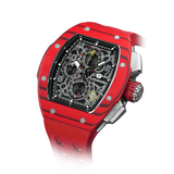 The TSAR BOMBA Atommic TB8214CF carbon fiber tonneau quartz watch. carbon fiber red bezel and fluororubber interchangeable red strap.  The Multifunction dial design, the multifunction dial features a chronograph minute sub-dial at the 12 o'clock position, a date display between the 4 and 5 o'clock positions, a seconds sub-dial at the 6 o'clock position, and an hour chronograph sub-dial at the 9 o'clock position. --Left three-quarter-angled-view