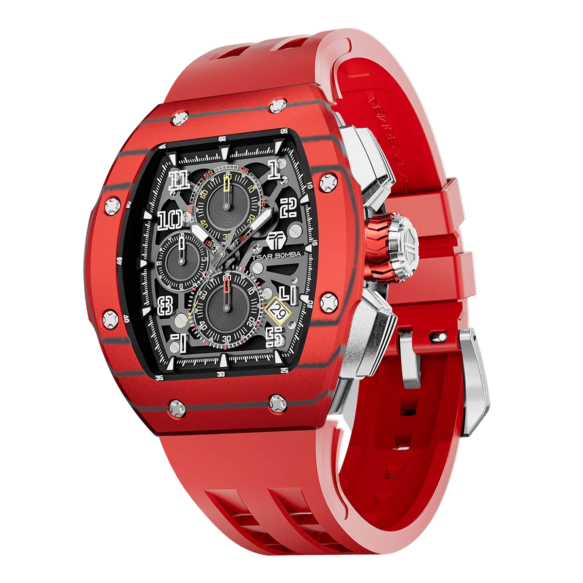 The TSAR BOMBA Atommic TB8214CF carbon fiber tonneau quartz watch. carbon fiber red bezel and fluororubber interchangeable red strap.  The Multifunction dial design, the multifunction dial features a chronograph minute sub-dial at the 12 o'clock position, a date display between the 4 and 5 o'clock positions, a seconds sub-dial at the 6 o'clock position, and an hour chronograph sub-dial at the 9 o'clock position. --Left three-quarter-view