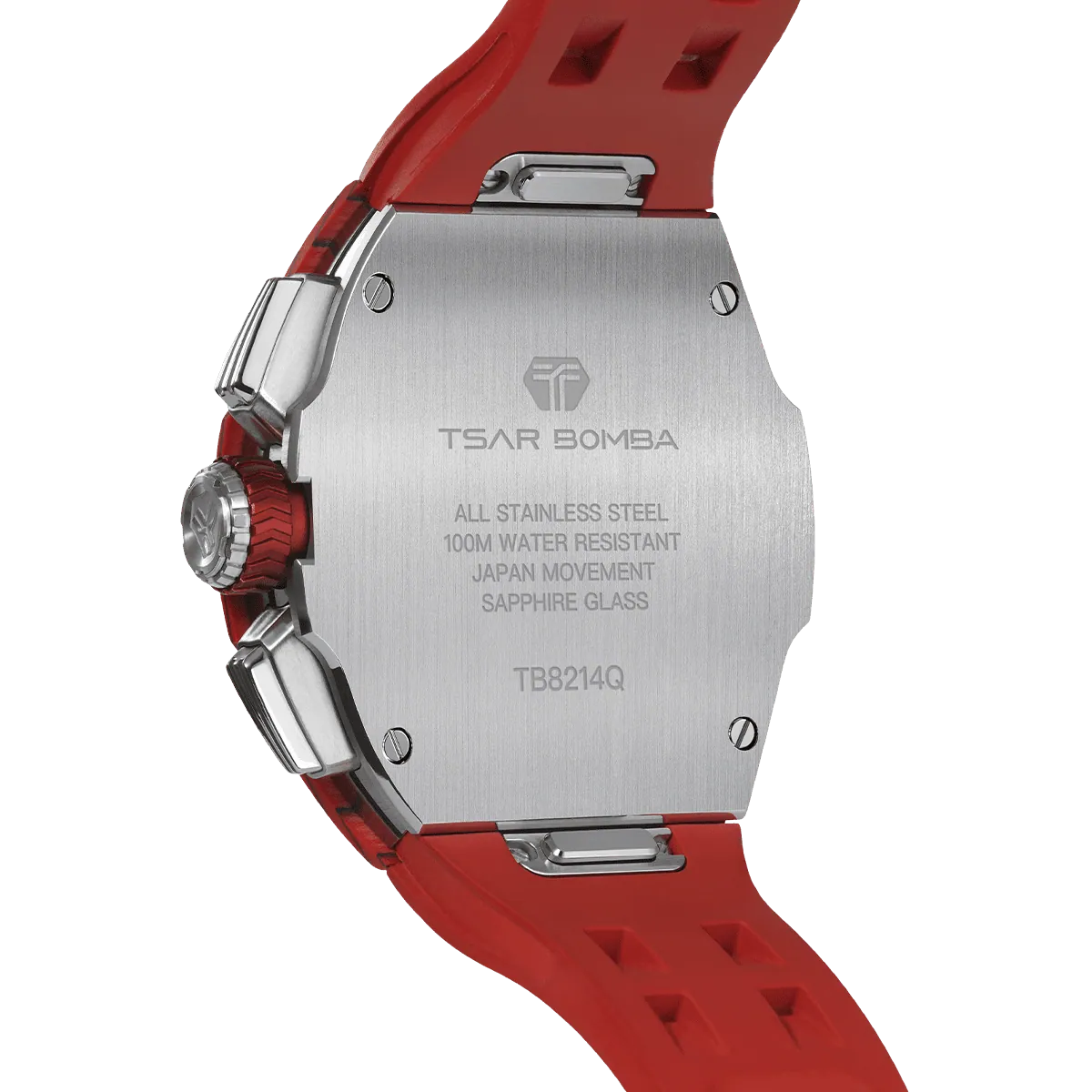 The TSAR BOMBA Atommic TB8214CF carbon fiber tonneau quartz watch. carbon fiber red bezel and fluororubber interchangeable red strap.  The Multifunction dial design, the multifunction dial features a chronograph minute sub-dial at the 12 o'clock position, a date display between the 4 and 5 o'clock positions, a seconds sub-dial at the 6 o'clock position, and an hour chronograph sub-dial at the 9 o'clock position. --Rear-view