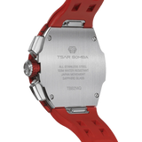 The TSAR BOMBA Atommic TB8214CF carbon fiber tonneau quartz watch. carbon fiber red bezel and fluororubber interchangeable red strap.  The Multifunction dial design, the multifunction dial features a chronograph minute sub-dial at the 12 o'clock position, a date display between the 4 and 5 o'clock positions, a seconds sub-dial at the 6 o'clock position, and an hour chronograph sub-dial at the 9 o'clock position. --Rear-view