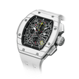 The TSAR BOMBA Atommic TB8214CF carbon fiber tonneau quartz watch. carbon fiber white bezel and fluororubber interchangeable white strap.  The Multifunction dial design, the multifunction dial features a chronograph minute sub-dial at the 12 o'clock position, a date display between the 4 and 5 o'clock positions, a seconds sub-dial at the 6 o'clock position, and an hour chronograph sub-dial at the 9 o'clock position. --Left three-quarter-angled-view