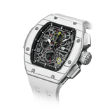 The TSAR BOMBA Atommic TB8214CF carbon fiber tonneau quartz watch. carbon fiber white bezel and fluororubber interchangeable white strap.  The Multifunction dial design, the multifunction dial features a chronograph minute sub-dial at the 12 o'clock position, a date display between the 4 and 5 o'clock positions, a seconds sub-dial at the 6 o'clock position, and an hour chronograph sub-dial at the 9 o'clock position. --Left three-quarter-angled-view