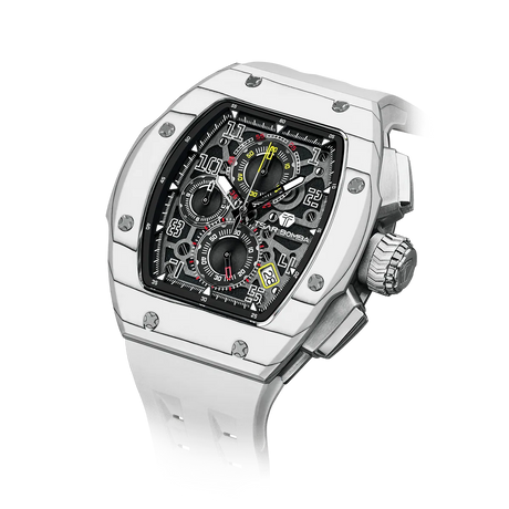 The TSAR BOMBA Atommic TB8214CF carbon fiber tonneau quartz watch. carbon fiber white bezel and fluororubber interchangeable white strap.  The Multifunction dial design, the multifunction dial features a chronograph minute sub-dial at the 12 o'clock position, a date display between the 4 and 5 o'clock positions, a seconds sub-dial at the 6 o'clock position, and an hour chronograph sub-dial at the 9 o'clock position. --Left three-quarter-angled-view