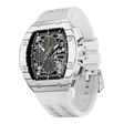 The TSAR BOMBA Atomic TB8214CF carbon fiber tonneau quartz watch. carbon fiber white bezel and fluororubber interchangeable white strap.  The Multifunction dial design, the multifunction dial features a chronograph minute sub-dial at the 12 o'clock position, a date display between the 4 and 5 o'clock positions, a seconds sub-dial at the 6 o'clock position, and an hour chronograph sub-dial at the 9 o'clock position. --Left three-quarter-view
