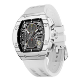 The TSAR BOMBA Atommic TB8214CF carbon fiber tonneau quartz watch. carbon fiber white bezel and fluororubber interchangeable white strap.  The Multifunction dial design, the multifunction dial features a chronograph minute sub-dial at the 12 o'clock position, a date display between the 4 and 5 o'clock positions, a seconds sub-dial at the 6 o'clock position, and an hour chronograph sub-dial at the 9 o'clock position. --Left three-quarter-view
