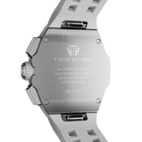 The TSAR BOMBA Atommic TB8214CF carbon fiber tonneau quartz watch. carbon fiber white bezel and fluororubber interchangeable white strap.  The Multifunction dial design, the multifunction dial features a chronograph minute sub-dial at the 12 o'clock position, a date display between the 4 and 5 o'clock positions, a seconds sub-dial at the 6 o'clock position, and an hour chronograph sub-dial at the 9 o'clock position. --Rear-view