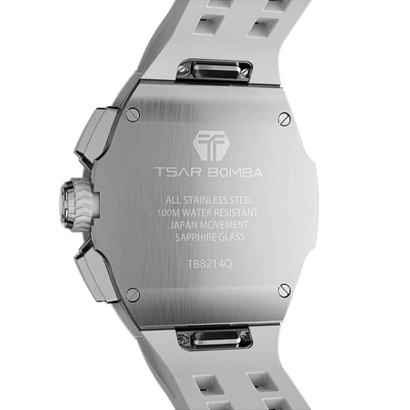 The TSAR BOMBA Atommic TB8214CF carbon fiber tonneau quartz watch. carbon fiber white bezel and fluororubber interchangeable white strap.  The Multifunction dial design, the multifunction dial features a chronograph minute sub-dial at the 12 o'clock position, a date display between the 4 and 5 o'clock positions, a seconds sub-dial at the 6 o'clock position, and an hour chronograph sub-dial at the 9 o'clock position. --Rear-view