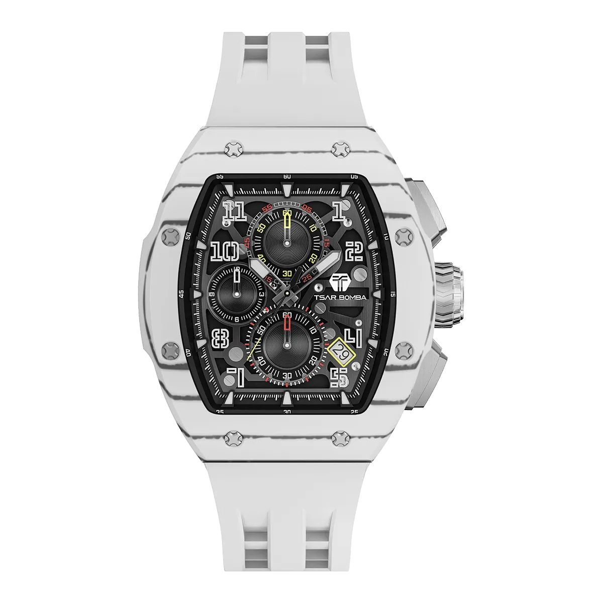 The TSAR BOMBA Atommic TB8214CF carbon fiber tonneau quartz watch. carbon fiber white bezel and fluororubber interchangeable white strap.  The Multifunction dial design, the multifunction dial features a chronograph minute sub-dial at the 12 o'clock position, a date display between the 4 and 5 o'clock positions, a seconds sub-dial at the 6 o'clock position, and an hour chronograph sub-dial at the 9 o'clock position. --Front-view