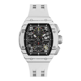 The TSAR BOMBA Atommic TB8214CF carbon fiber tonneau quartz watch. carbon fiber white bezel and fluororubber interchangeable white strap.  The Multifunction dial design, the multifunction dial features a chronograph minute sub-dial at the 12 o'clock position, a date display between the 4 and 5 o'clock positions, a seconds sub-dial at the 6 o'clock position, and an hour chronograph sub-dial at the 9 o'clock position. --Front-view