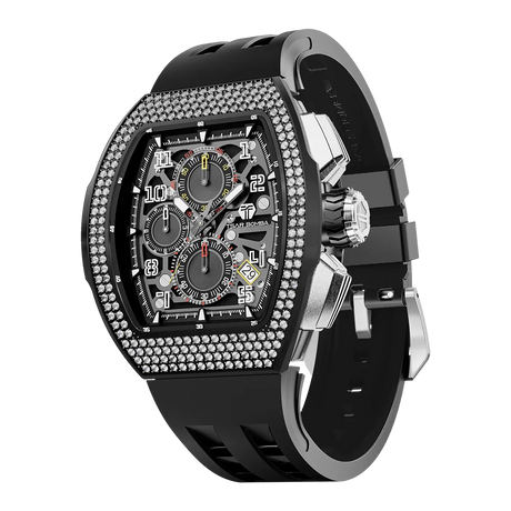 The TSAR BOMBA Atomic TB8214D interchangebale tonneau quartz watch. cubic-zirconia-bezel-and-black-interchangeable strap.  The Multifunction dial design, the multifunction dial features a chronograph minute sub-dial at the 12 o'clock position, a date display between the 4 and 5 o'clock positions, a seconds sub-dial at the 6 o'clock position, and an hour chronograph sub-dial at the 9 o'clock position. --Left three-quarter-view