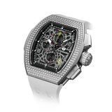 The TSAR BOMBA Atommic TB8214CF interchangebale tonneau quartz watch. cubic-zirconia-bezel-and-white-interchangeable strap.  The Multifunction dial design, the multifunction dial features a chronograph minute sub-dial at the 12 o'clock position, a date display between the 4 and 5 o'clock positions, a seconds sub-dial at the 6 o'clock position, and an hour chronograph sub-dial at the 9 o'clock position. --Left three-quarter-angled-view
