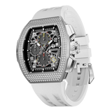The TSAR BOMBA Atommic TB8214CF interchangebale tonneau quartz watch. cubic-zirconia-bezel-and-white-interchangeable strap.  The Multifunction dial design, the multifunction dial features a chronograph minute sub-dial at the 12 o'clock position, a date display between the 4 and 5 o'clock positions, a seconds sub-dial at the 6 o'clock position, and an hour chronograph sub-dial at the 9 o'clock position. --Left three-quarter-view
