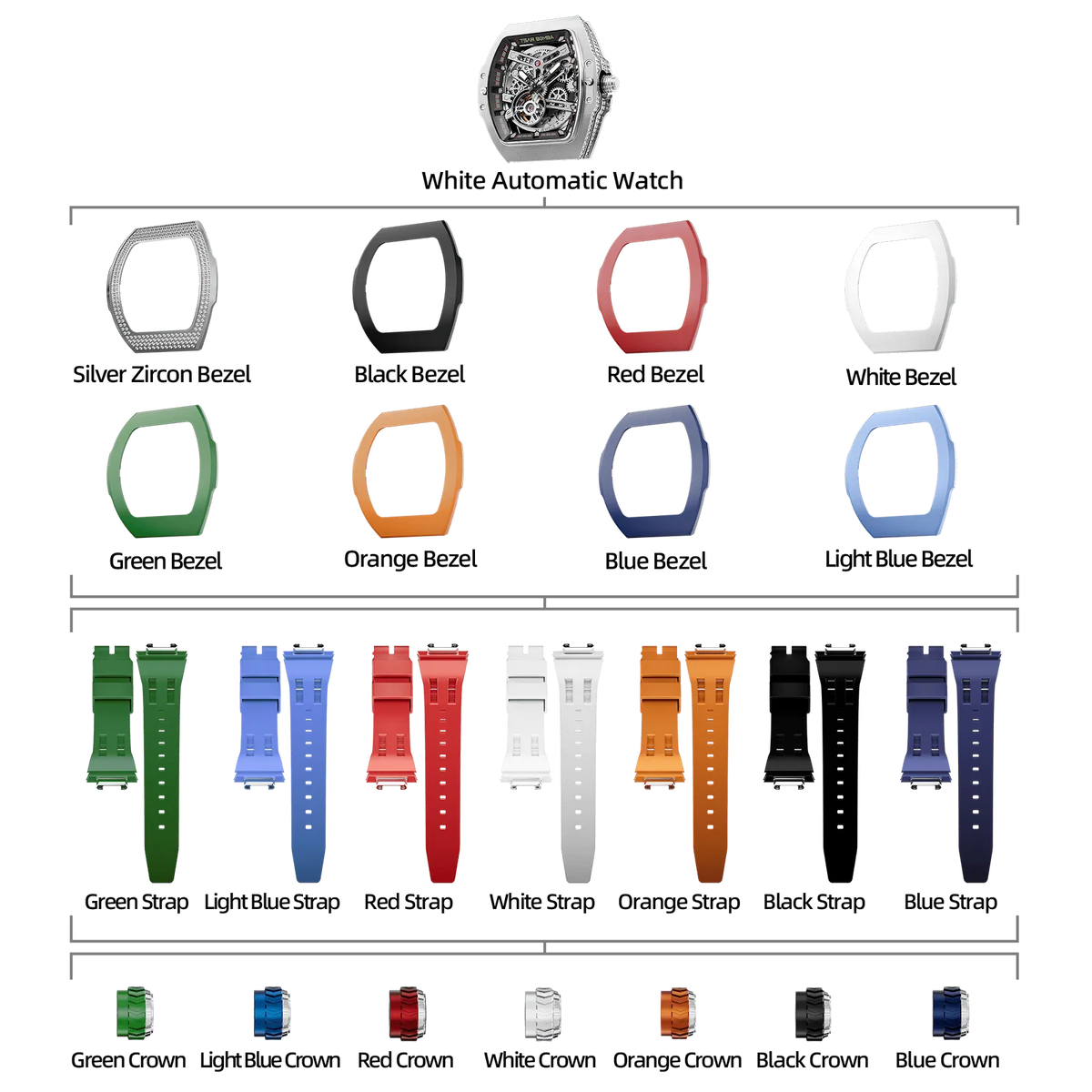TSAR-BOMBA-Atomic-TB8218D-zirconia-diamond-set_7-in-1. Set includes 1 watch core and 1 zirconia diamond bezel and 6 fluororubber bezel and 7 fluororubber strap and 7crown. Utilizes TSAR BOMBA’s patented technology for interchangeable straps, bezels, and crowns. Quickly swap modules without tools—since your watch can change its style, why buy another one?