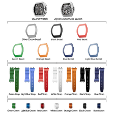 TSAR-BOMBA-Atomic-TB8218D-zirconia-diamond-set_7-in-2. Set includes 1 automatic watch core and 1 quartz watch core and 1 zirconia diamond bezel and 6 fluororubber bezel and 7 fluororubber strap and 7crown. Utilizes TSAR BOMBA’s patented technology for interchangeable straps, bezels, and crowns. Quickly swap modules without tools—since your watch can change its style, why buy another one?